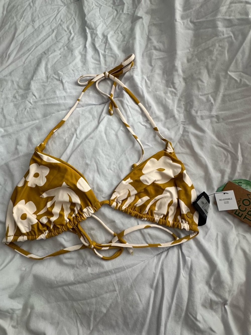 Volcom Reversible Floral Triangle Bikini Top in Mustard & Cream Large NWT